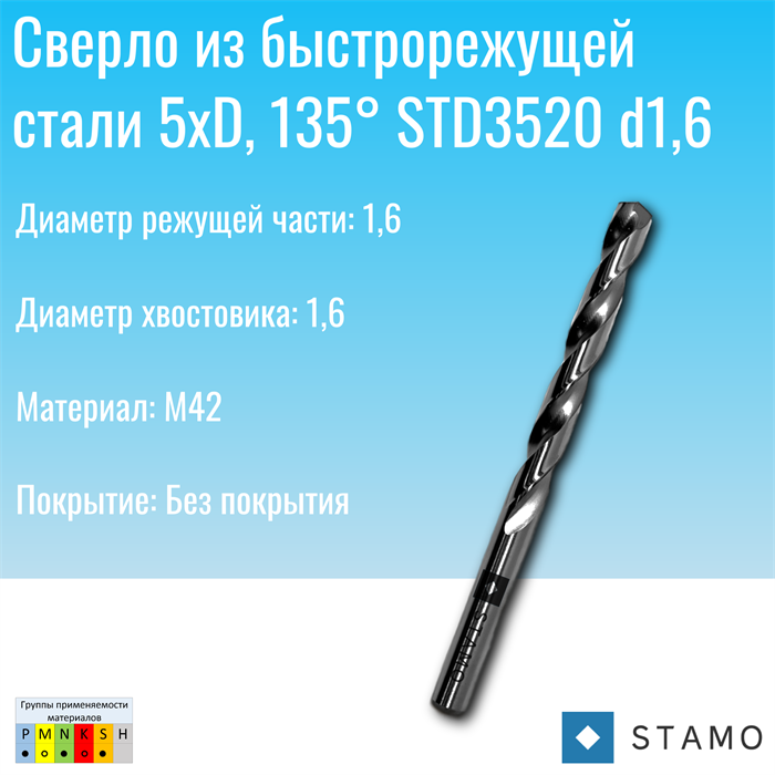 Сверло STAMO STD3520 d1,6 STD3520 d1,6